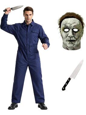 🎃Men's Grey Mask Halloween Prop Knife Classic & Scary Killer Michael Costume